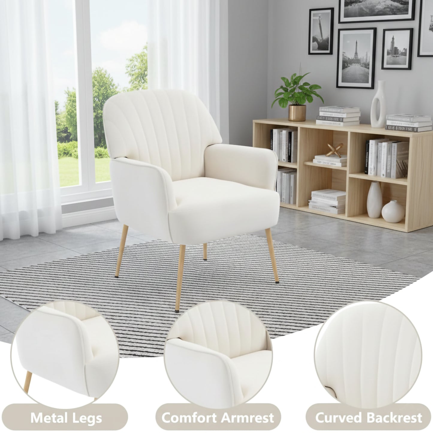 Beige Velvet Accent Chair - Modern Upholstered Barrel Armchair