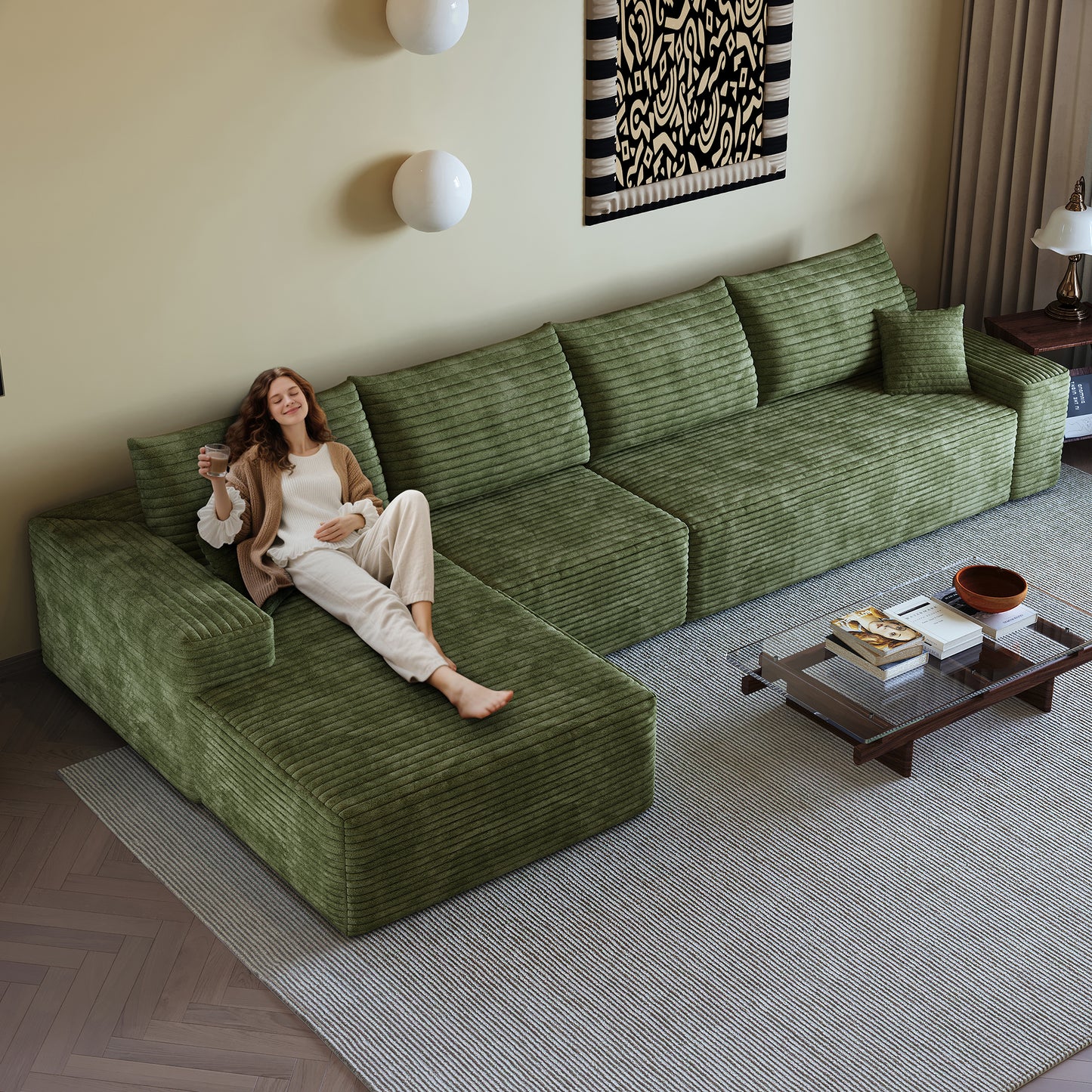 135" Cloud Sectional Couch with L-Shape Chaise - Green Plush Fabric
