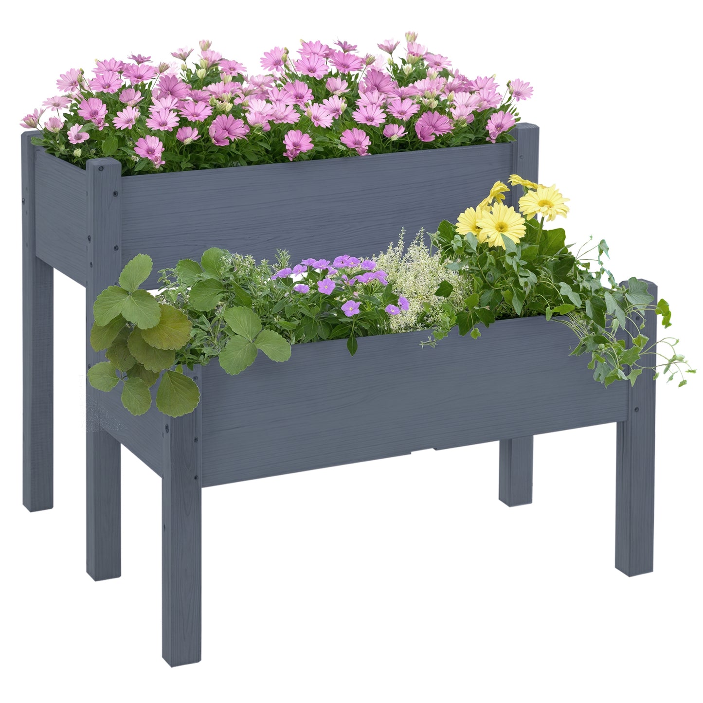 Large Wooden Raised Garden Bed 34x34x28 inch Two-Tier Planter Box for Vegetables Herbs Flowers - Gray