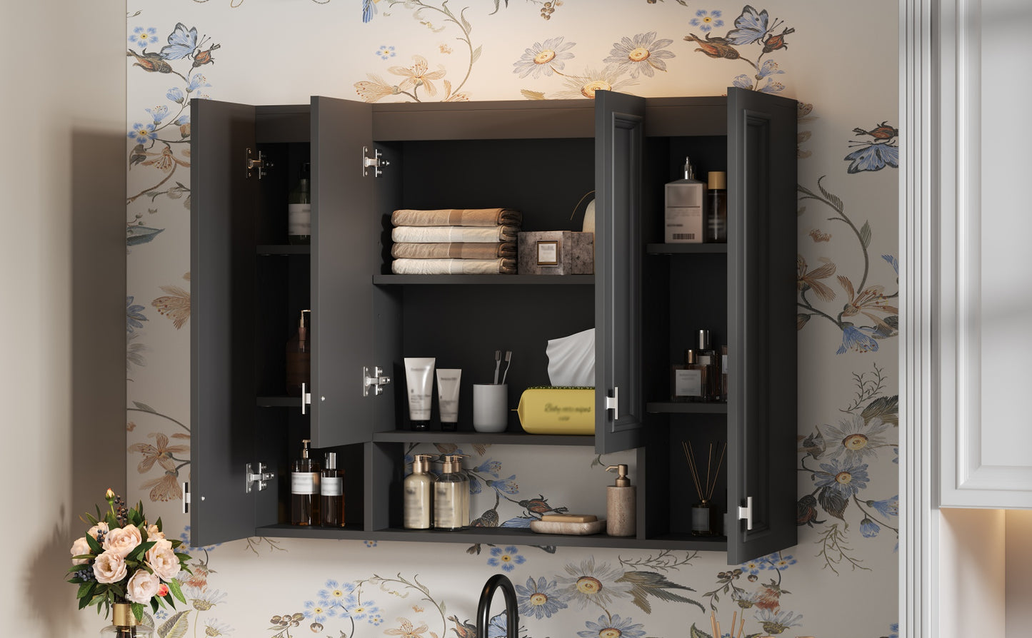 Modern Wall-Mounted Bathroom Cabinet with 5 Adjustable Shelves - Black