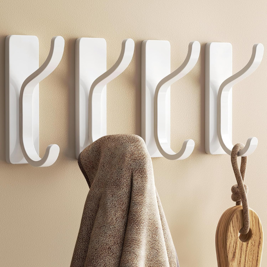 Heavy Duty Stick-On Wall Coat Hooks - 4 Pack White Metal