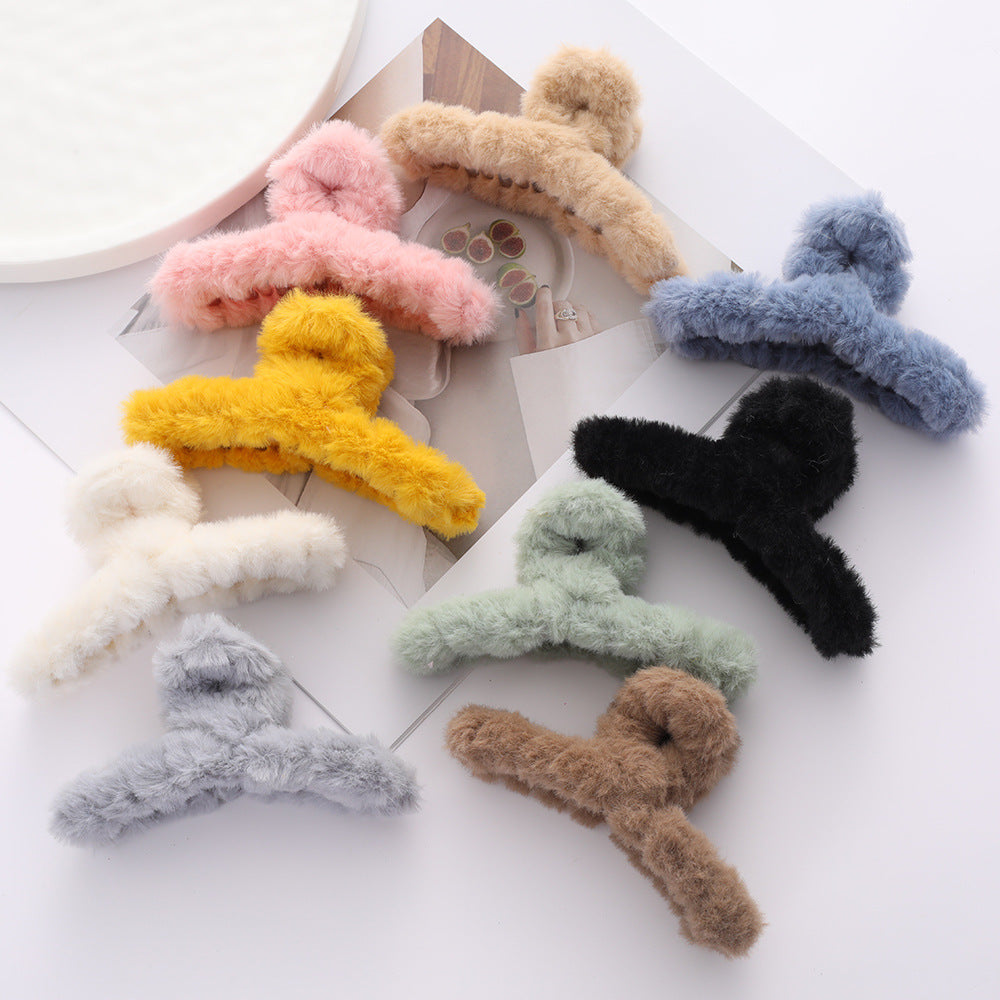 Solid Color Fur Grip Plush Back Hair Barrettes - Hair Accessories for Women