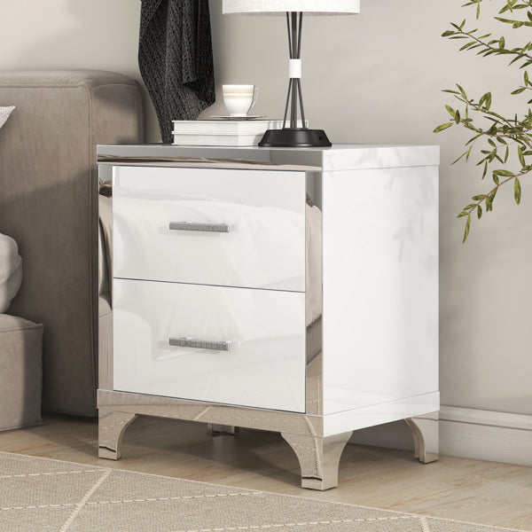 Elegant Mirrored Nightstand with 2 Drawers - White