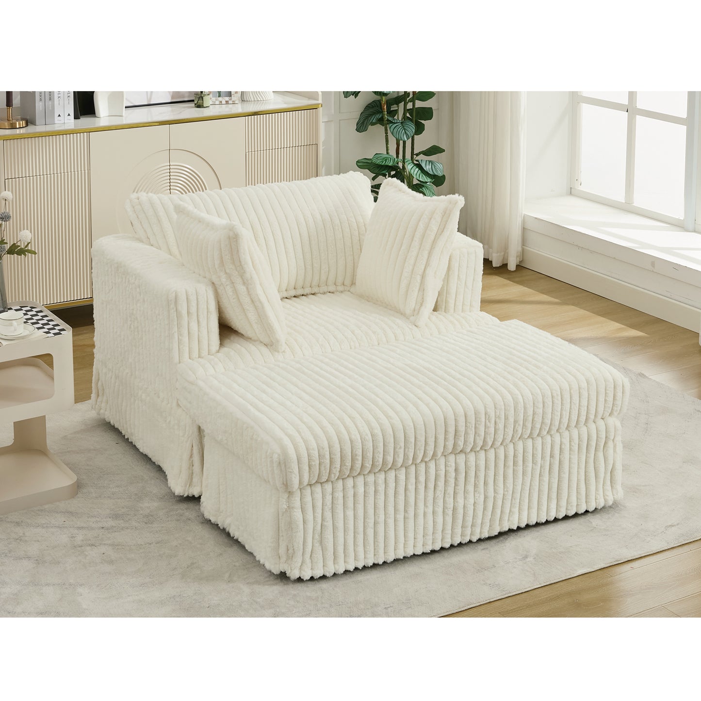 Oversized Corduroy Chaise Longue with Ottoman - Beige