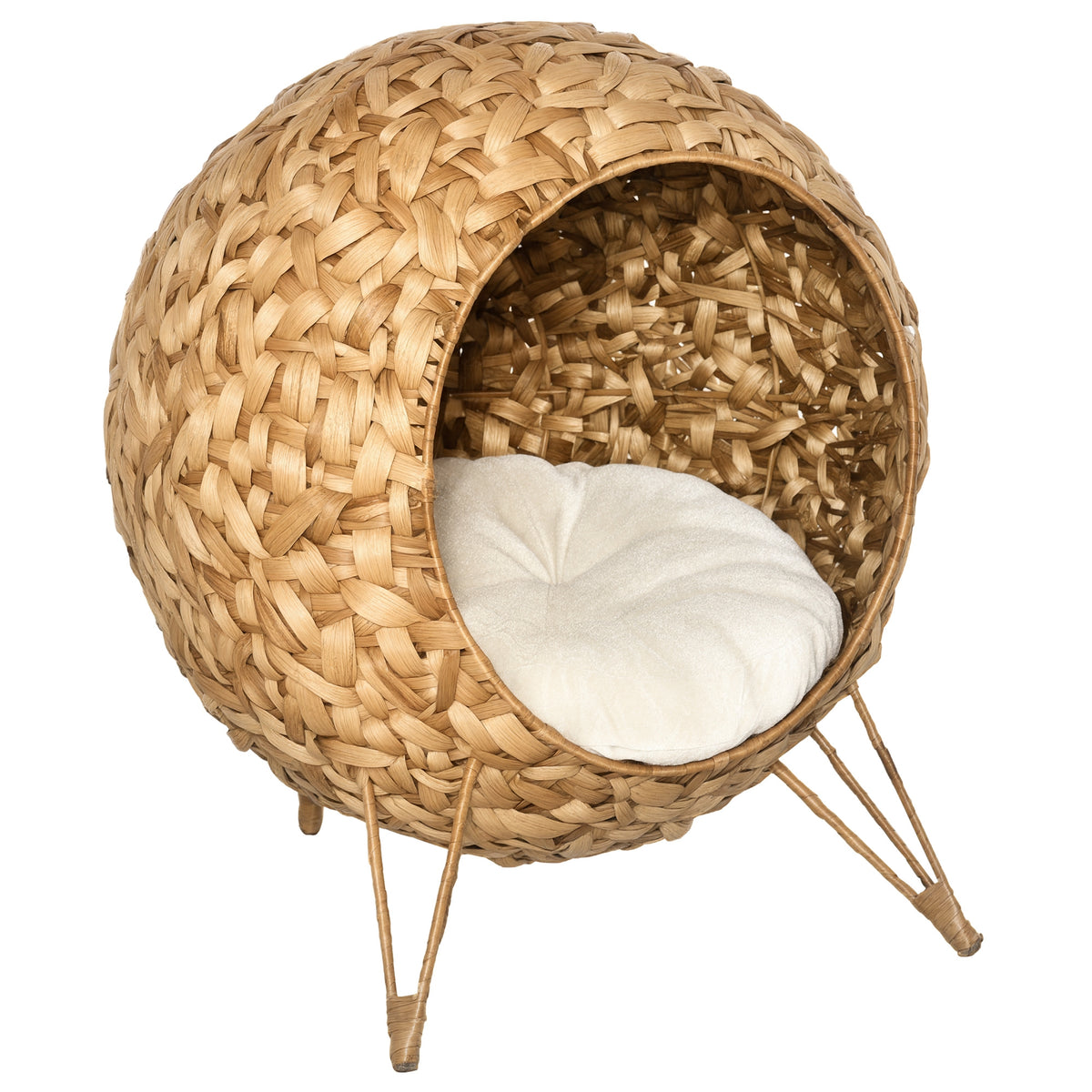 Natural Weaved Cat Bed - Elevated Hand-Woven Banana Leaf Condo with Cushion
