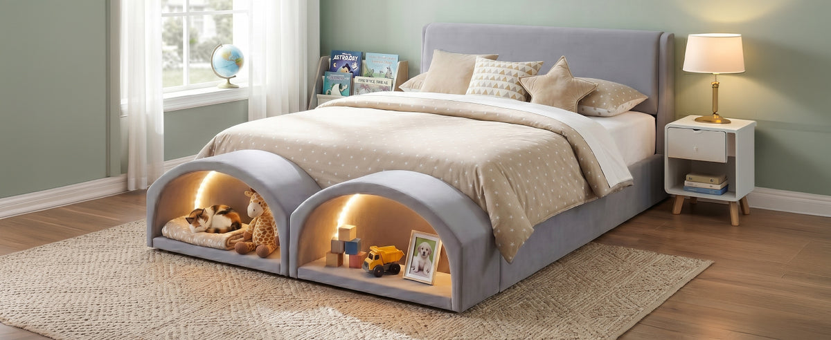 Queen Size Upholstered Platform Bed Frame with Dual Cat Caves & LED Pet Nests - Gray