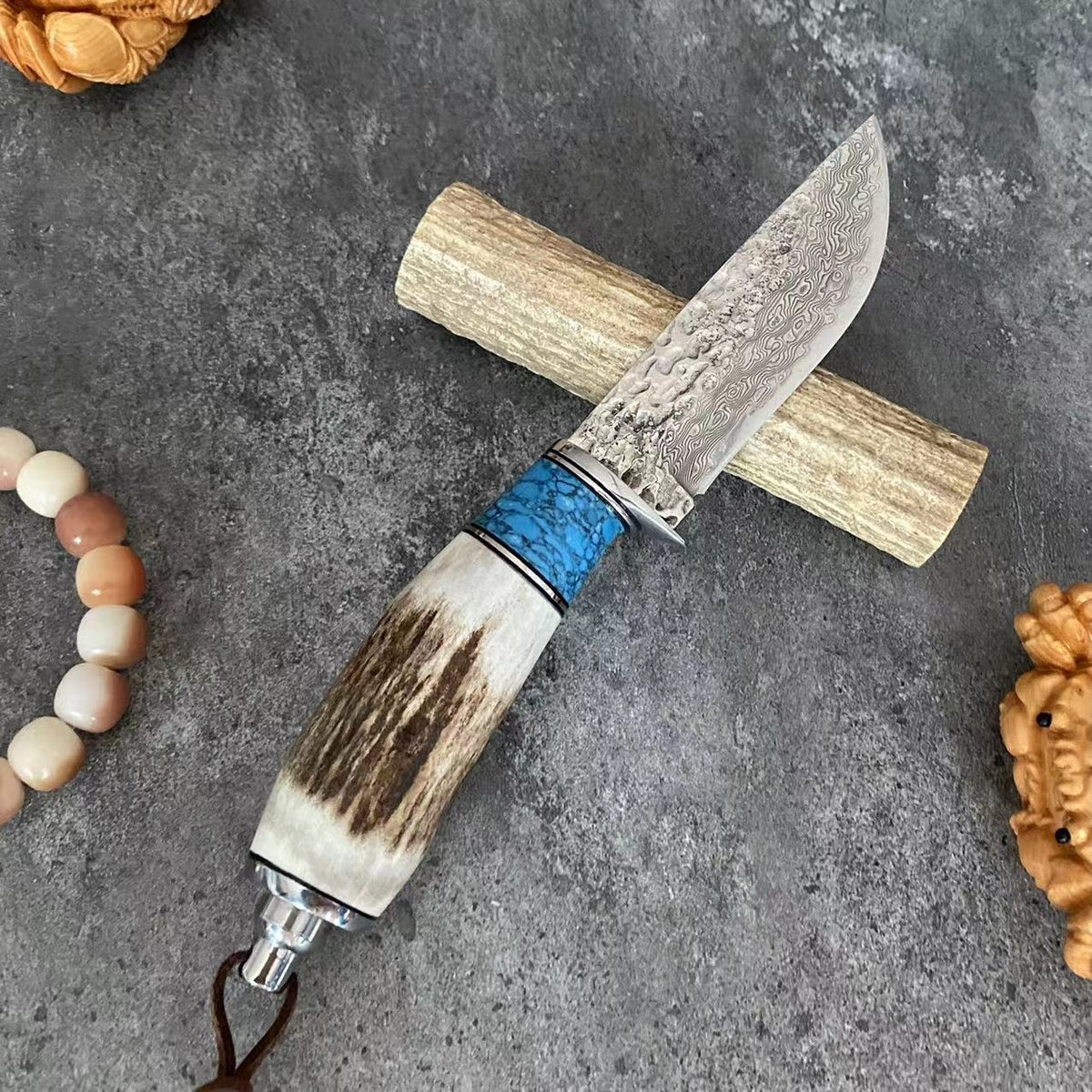 Turquoise Antler Handle Damascus Steel Kitchen Knife - Straight & Horse Variants