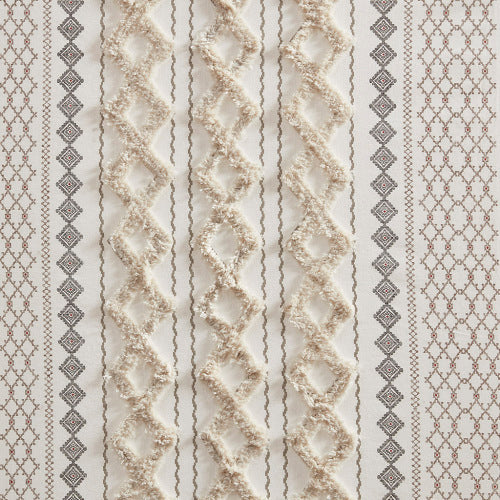Ivory Cotton Printed Curtain Panel with Chenille Stripe - 50x84