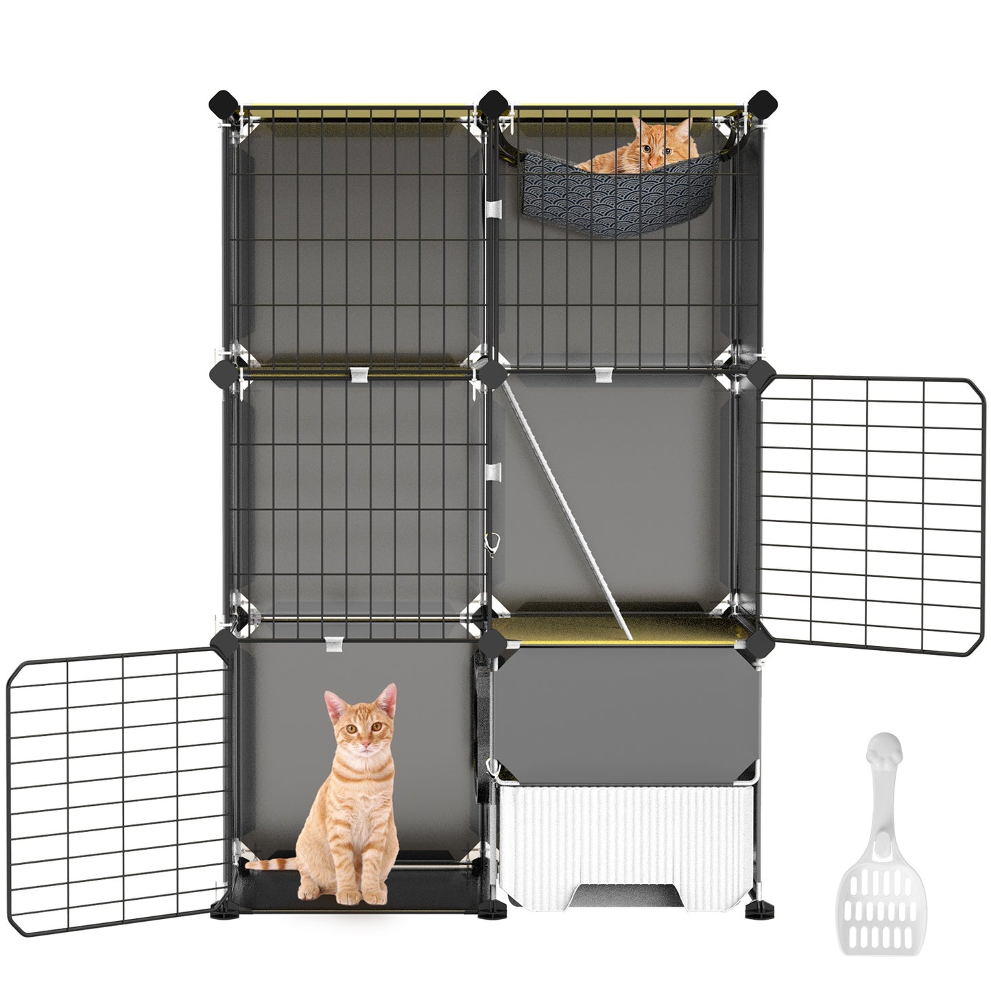 Indoor 3 Tier Cat Cage with Litter Box, Hammock, and Play Areas for Kittens