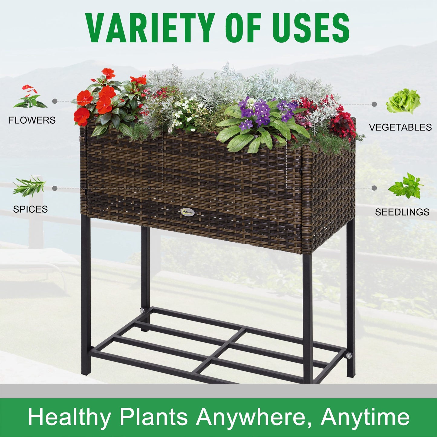 Raised Garden Bed with Rattan Wicker Look and Tool Storage Shelf - Portable Herb and Vegetable Planter