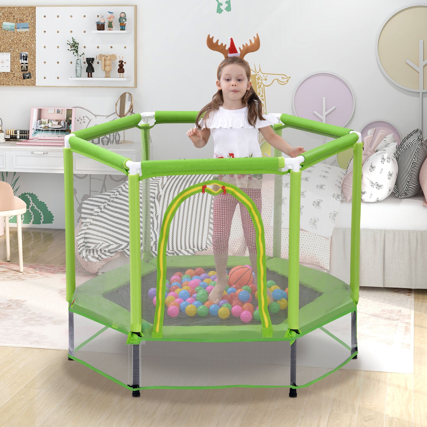 55 Toddlers Trampoline With Safety Enclosure Net And Balls, Indoor