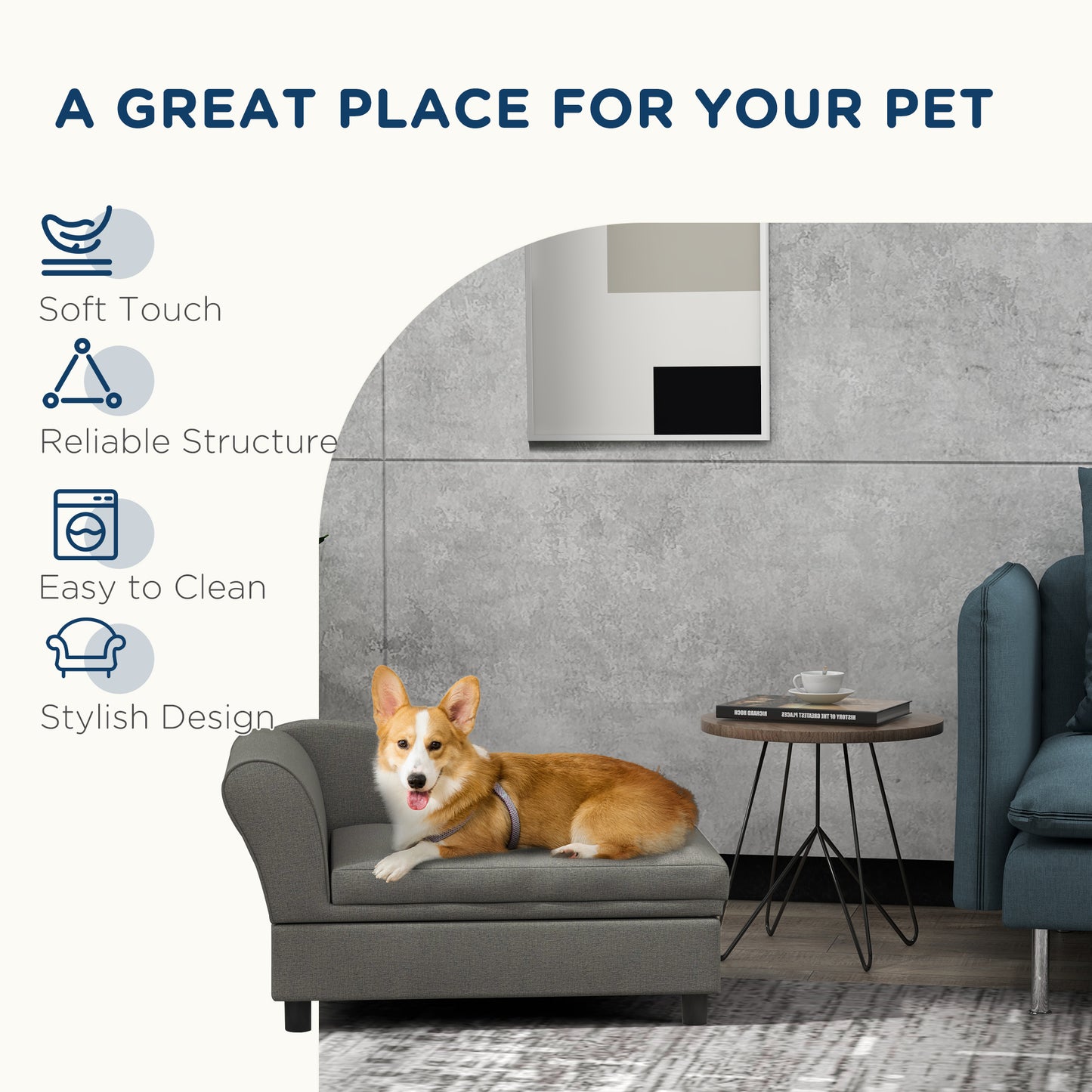 Pet Sofa Bed for Small Dogs with Storage - Gray, 740x485x165 mm