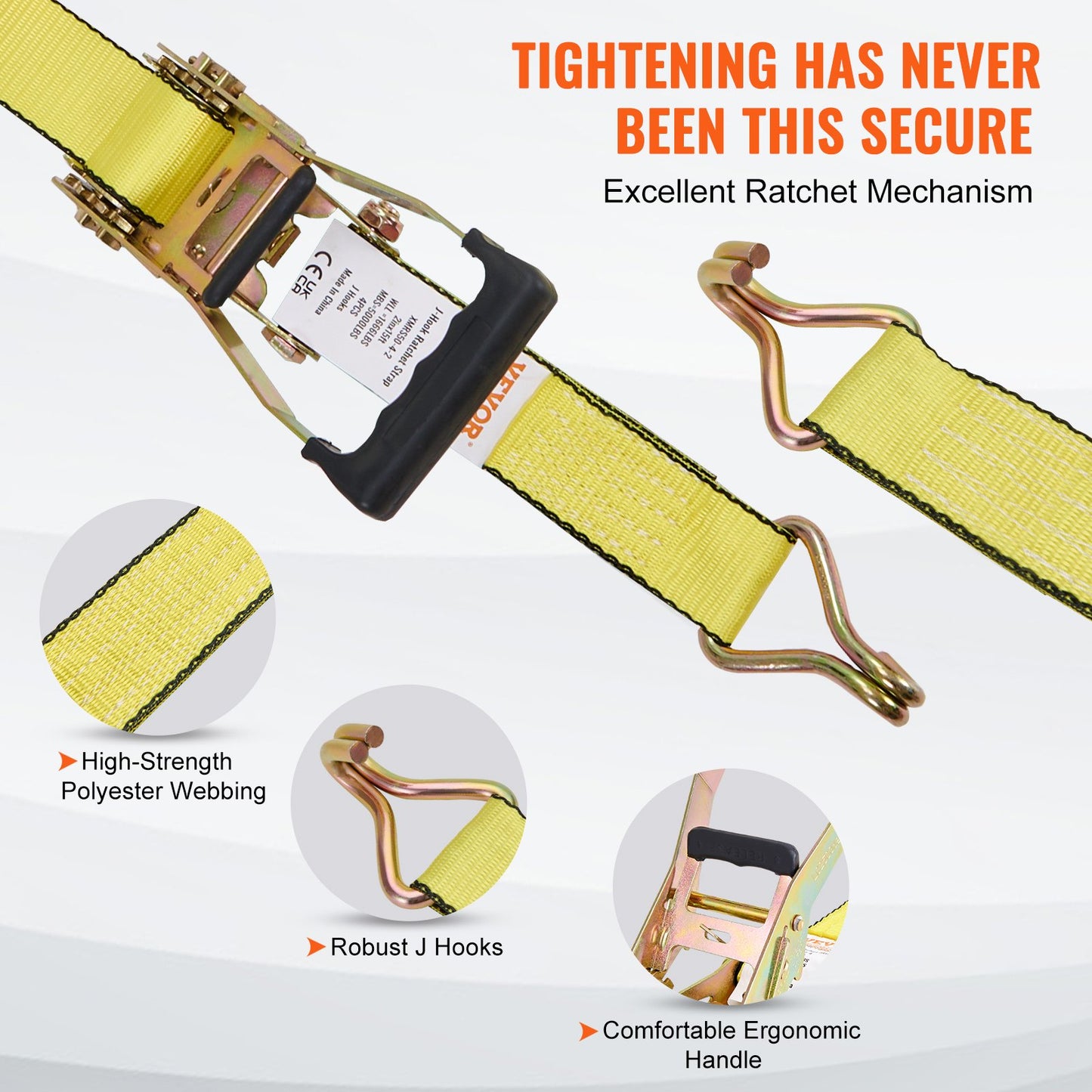 Heavy Duty Ratchet Tie Down Straps 4 Pack - 5000 Lb Break Strength, Double J Hooks, 2x15 ft, Yellow