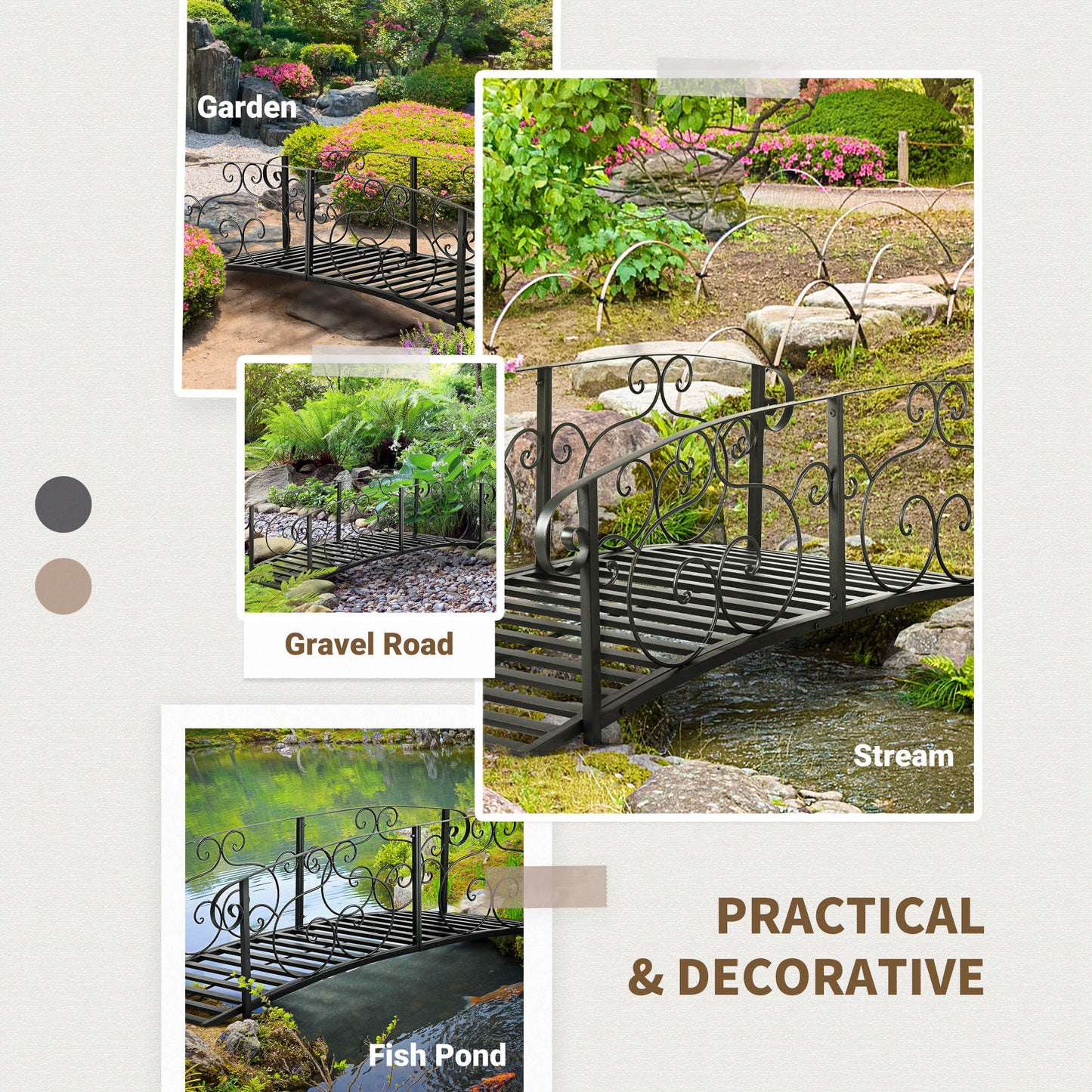 Metal Garden Footbridge with Safety Siderails - Black 1040x860x180mm