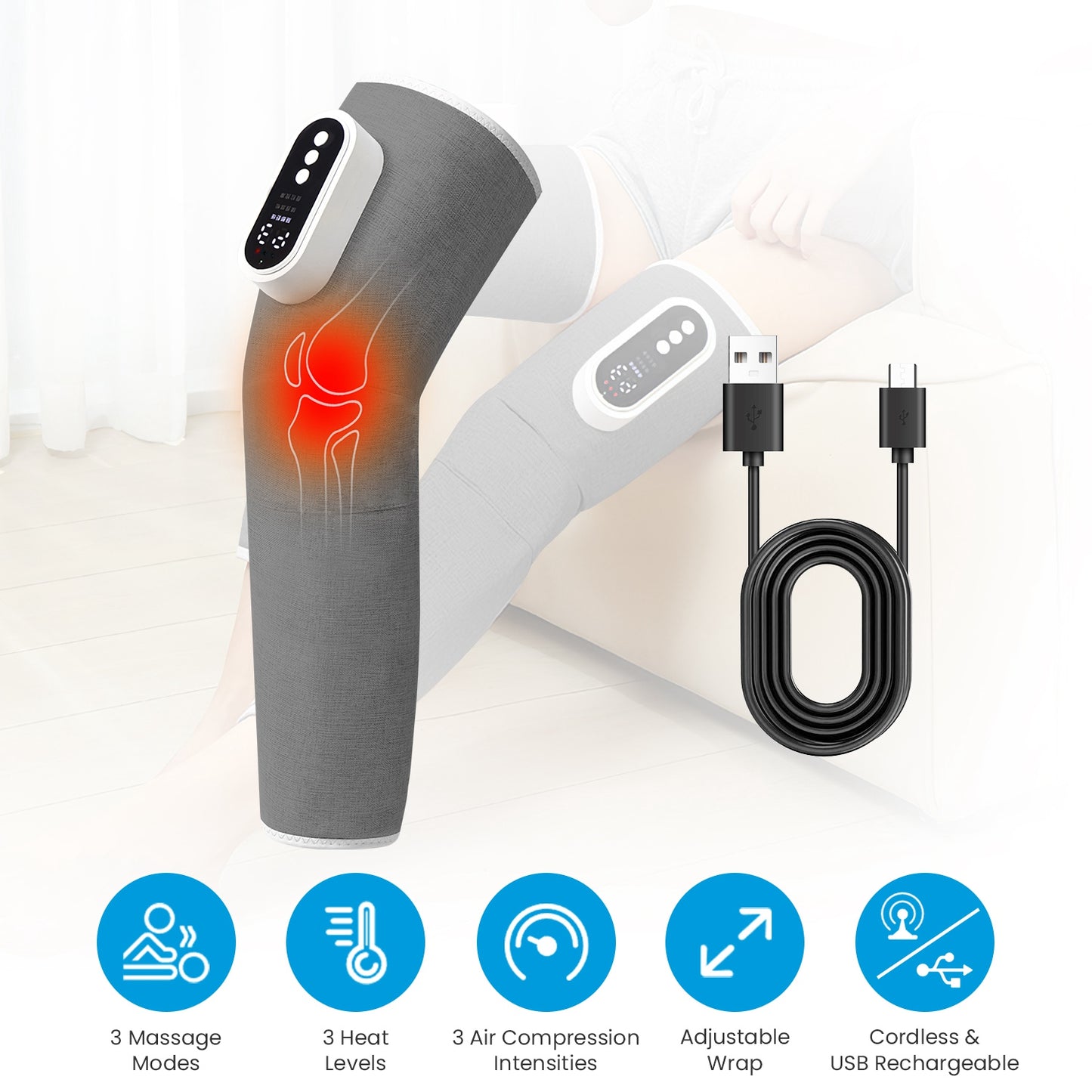 Cordless Leg Massager with Heat & Air Compression - Adjustable Calf Wrap