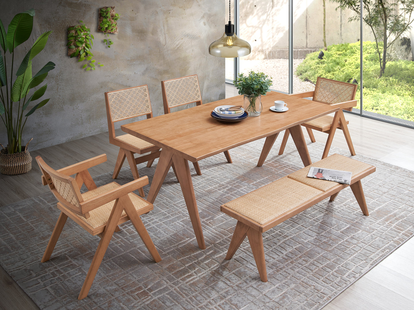 5-Piece Natural Rattan Outdoor Dining Set - No Bench Included