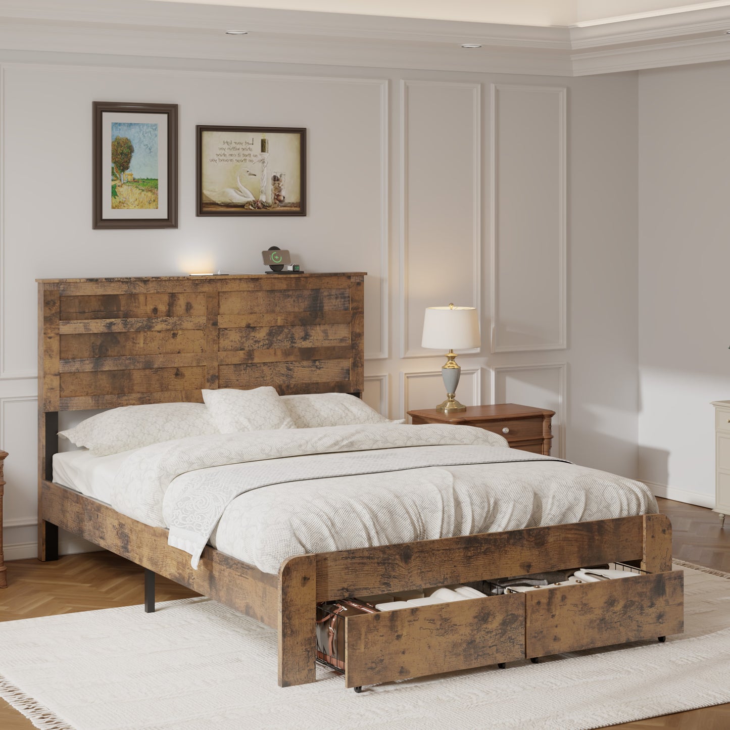 Full Rustic Platform Bed Frame with LED Headboard & Storage