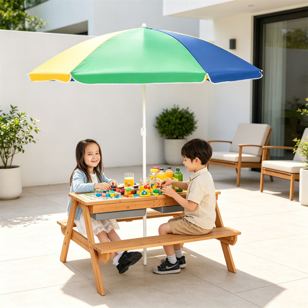 Kids Picnic Table with Adjustable Umbrella - 3-in-1 Sand & Water Play Set