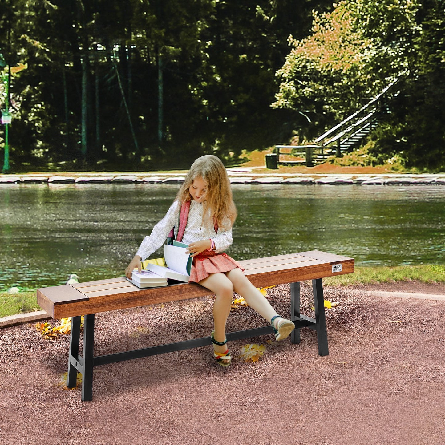 Wood Garden Bench 63 Inches with Metal Legs - Outdoor Patio Seating