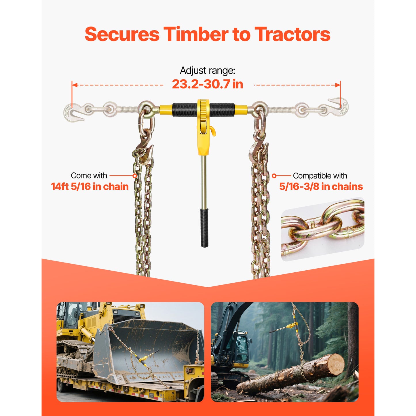 Ratchet Chain Binder Set 5/16 In X 12.8 Ft G80 Chains 8000 Lbs Load Tie Down