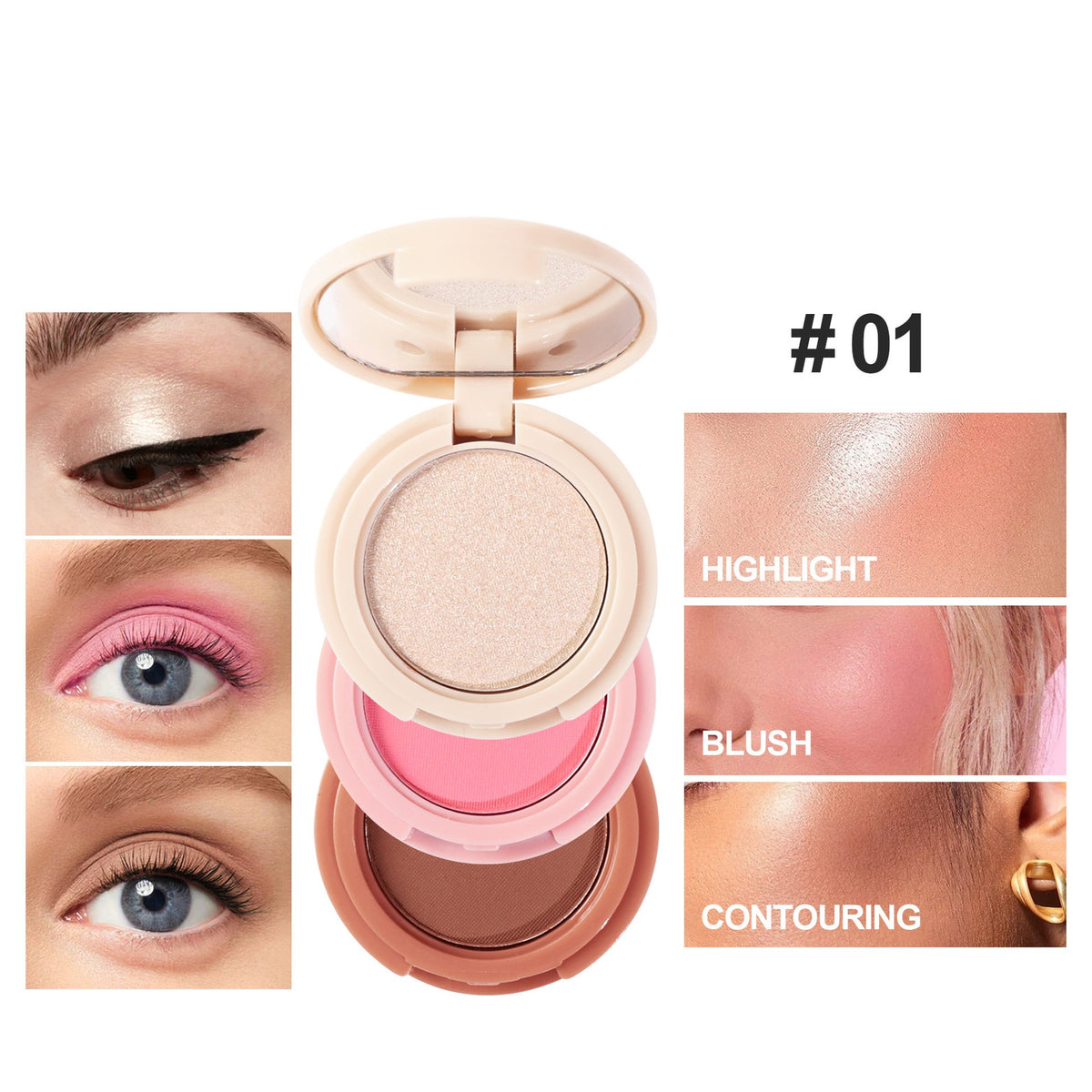 High Gloss Powder Blusher Face Makeup 3-in-1 All-in-One Disc