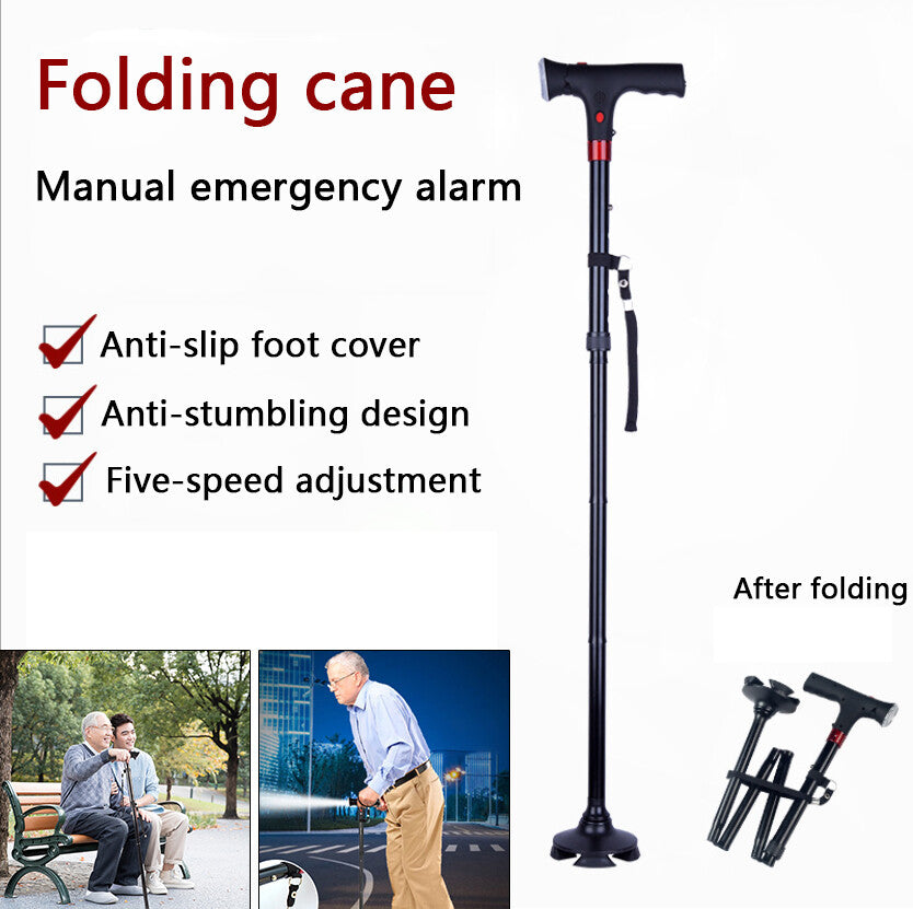 Adjustable Walking Stick Cane with LED Light & SOS Alarm - Black