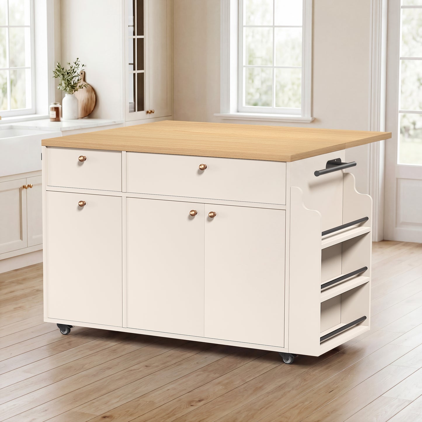 Rolling Kitchen Island Cart with Storage & Drop Leaf Extension - White