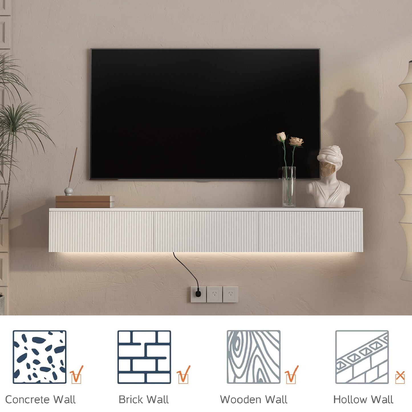 Wall Mounted Floating TV Stand with 16 Color LEDs - White