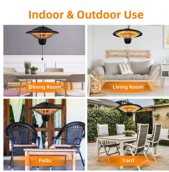 1500W Outdoor Hanging Patio Heater - Ultra-Quiet Electric Heating Lamp, Waterproof, Adjustable Chain