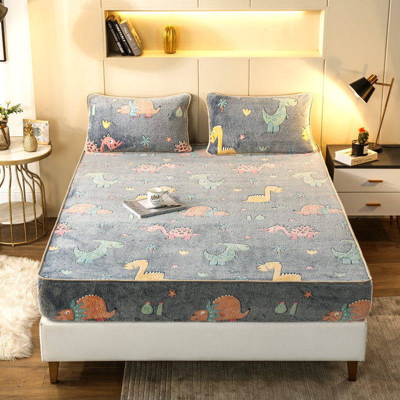 Thickened Snow Fleece Bed Sheet Set Digital Print Warm Bedding