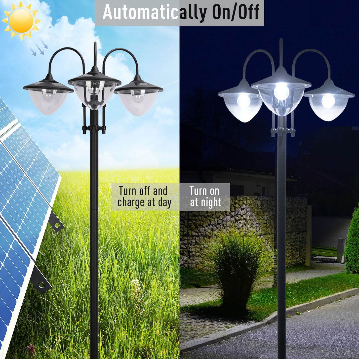 74.5" 3-Head Solar Lamp Post Light with Planter - Black