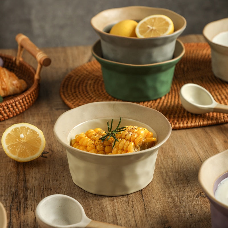 Retro Ceramic Kitchen Bowl Set with Spoons - Handmade Stoneware Dinnerware