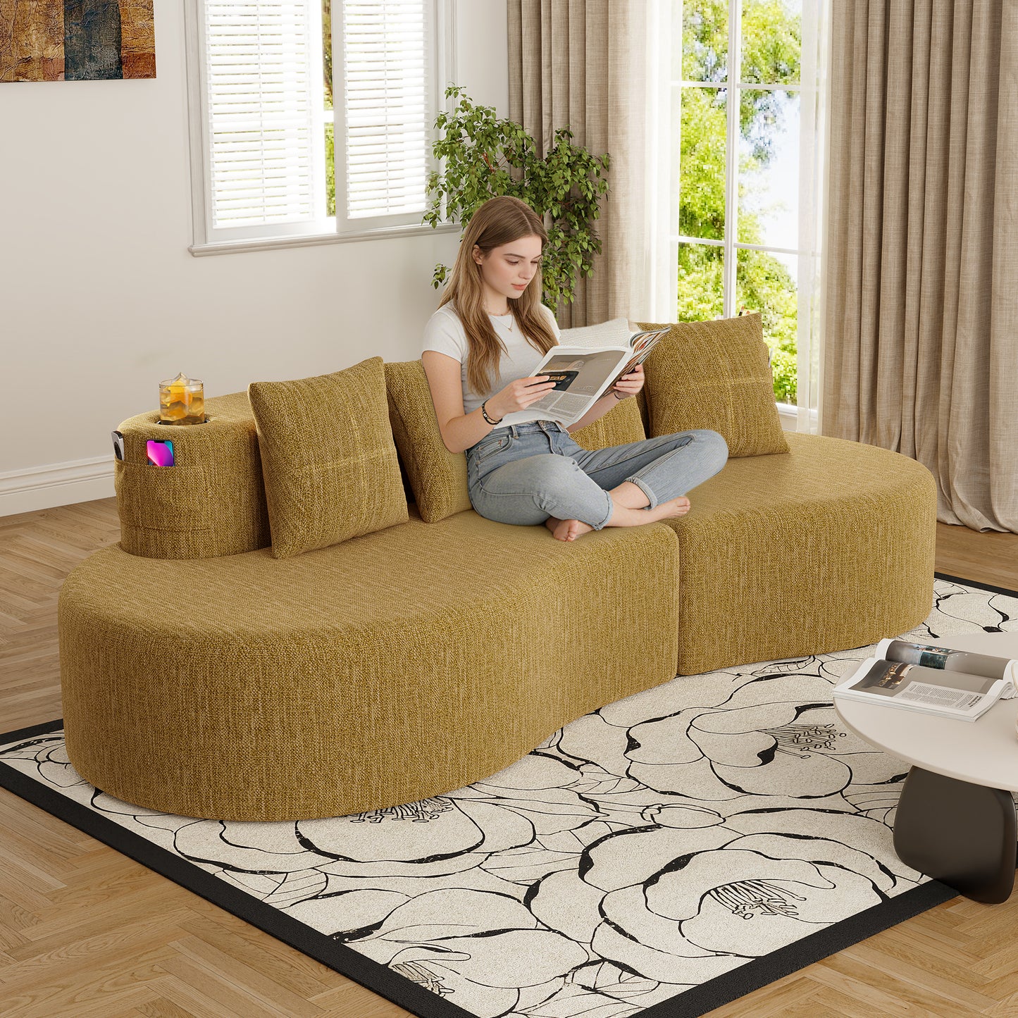 Modern Curved 3-Seat Sectional Sofa - Mustard Yellow