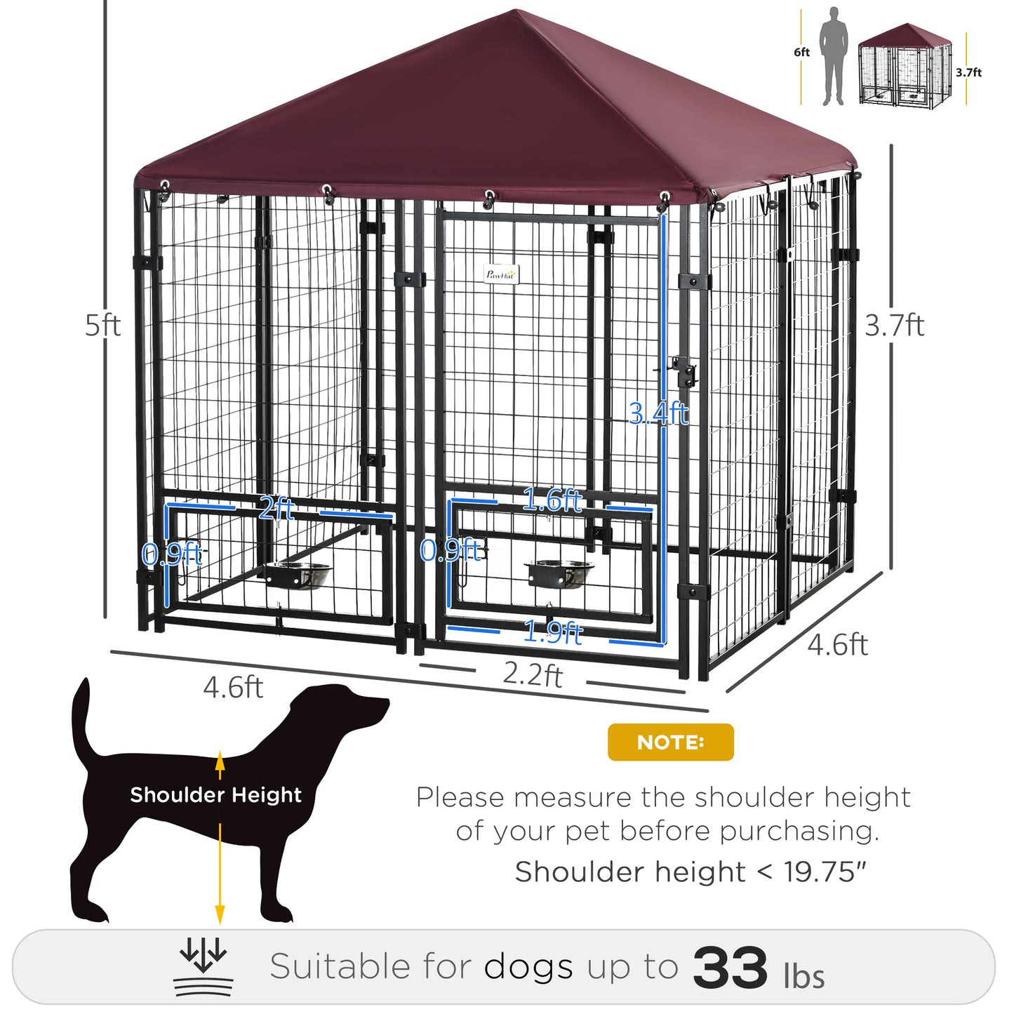 Outdoor Dog Kennel with Rotating Bowls Waterproof Cover 55x55x60in Red