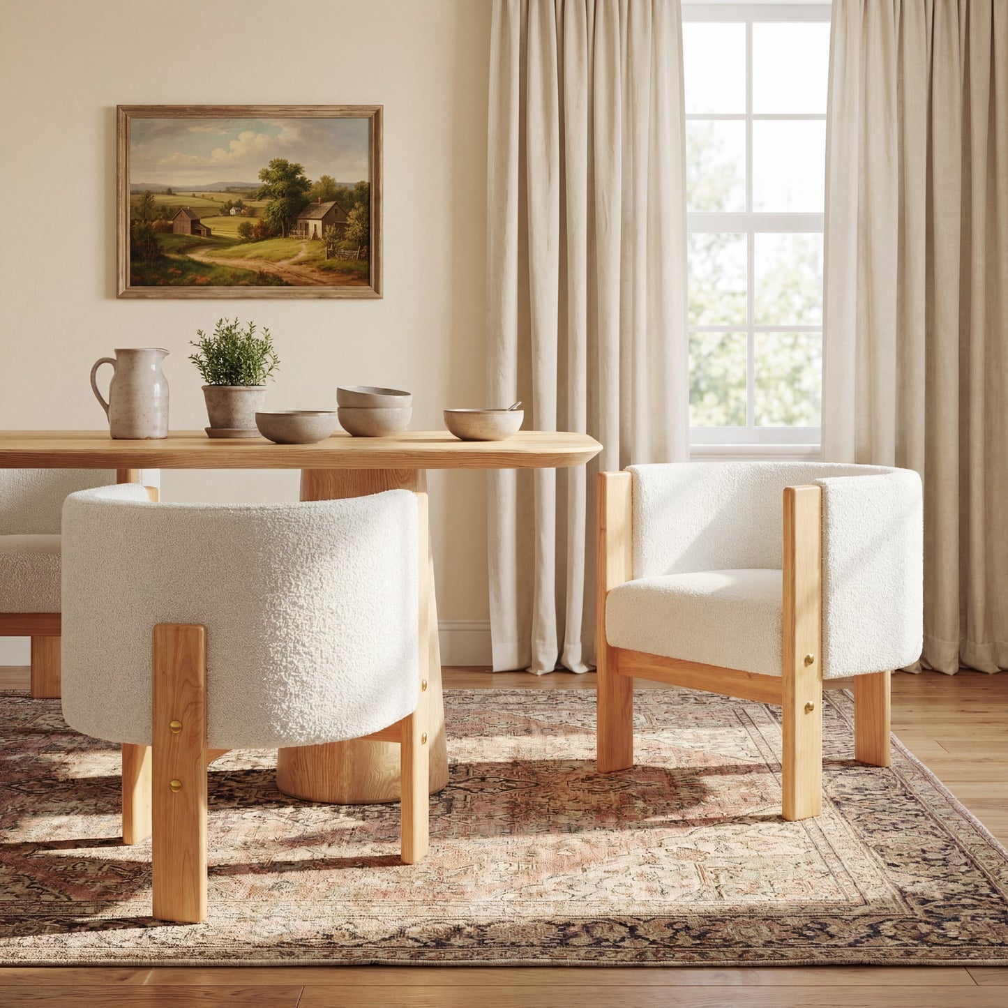 Upholstered Dining Chairs Set of 2 - Natural Rubber Wood & White Boucle