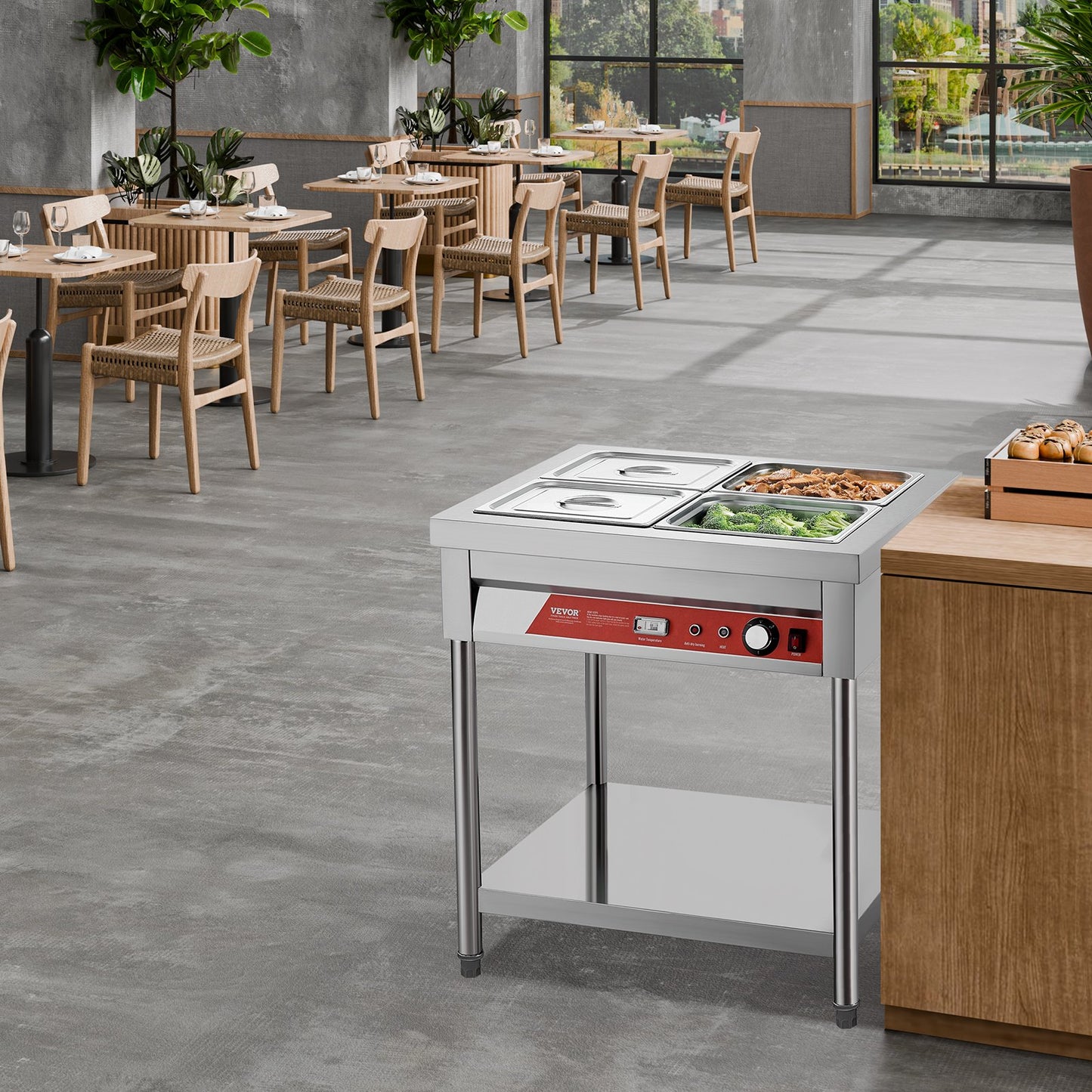 Commercial Electric Food Warmer with 4 Half-Size Pans & Undershelf - Silver