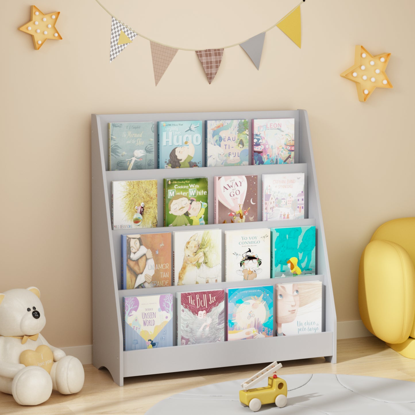4-Tier Kids Bookshelf - Gray MDF Book Display for Bedrooms & Playrooms