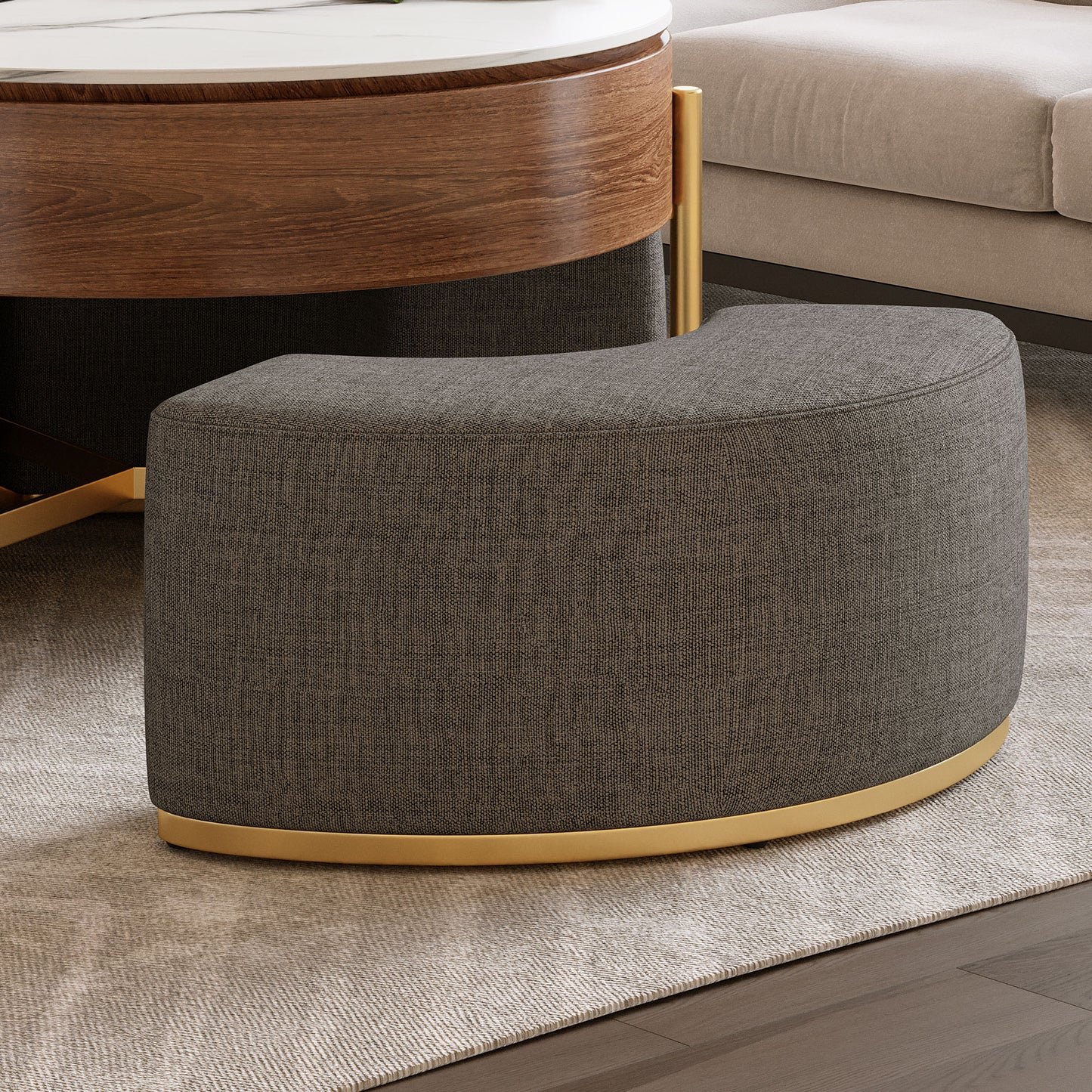 Modern Lift-Top Round Coffee Table with Hidden Storage & 3 Ottomans