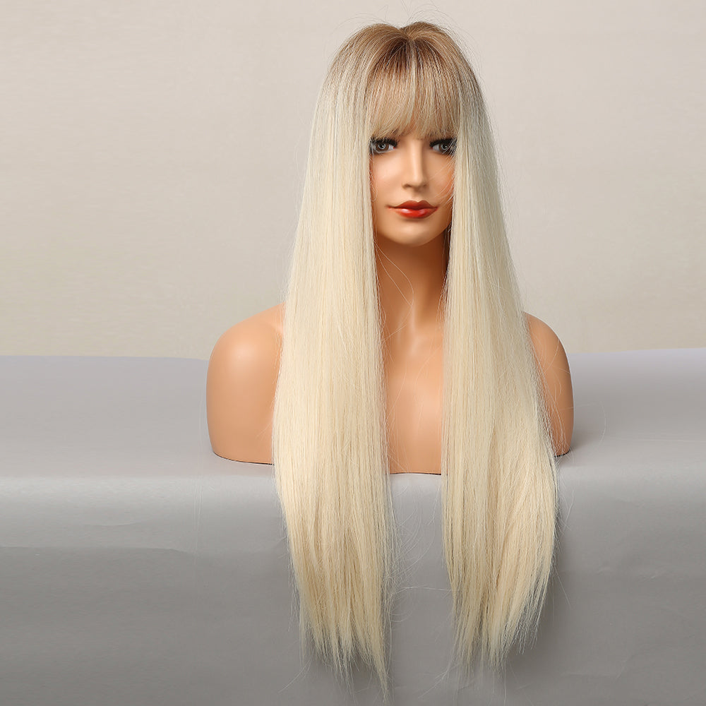 High Temperature Synthetic Wig with Gradient Colors and Bangs - Stylish & Dyeable Hairpiece