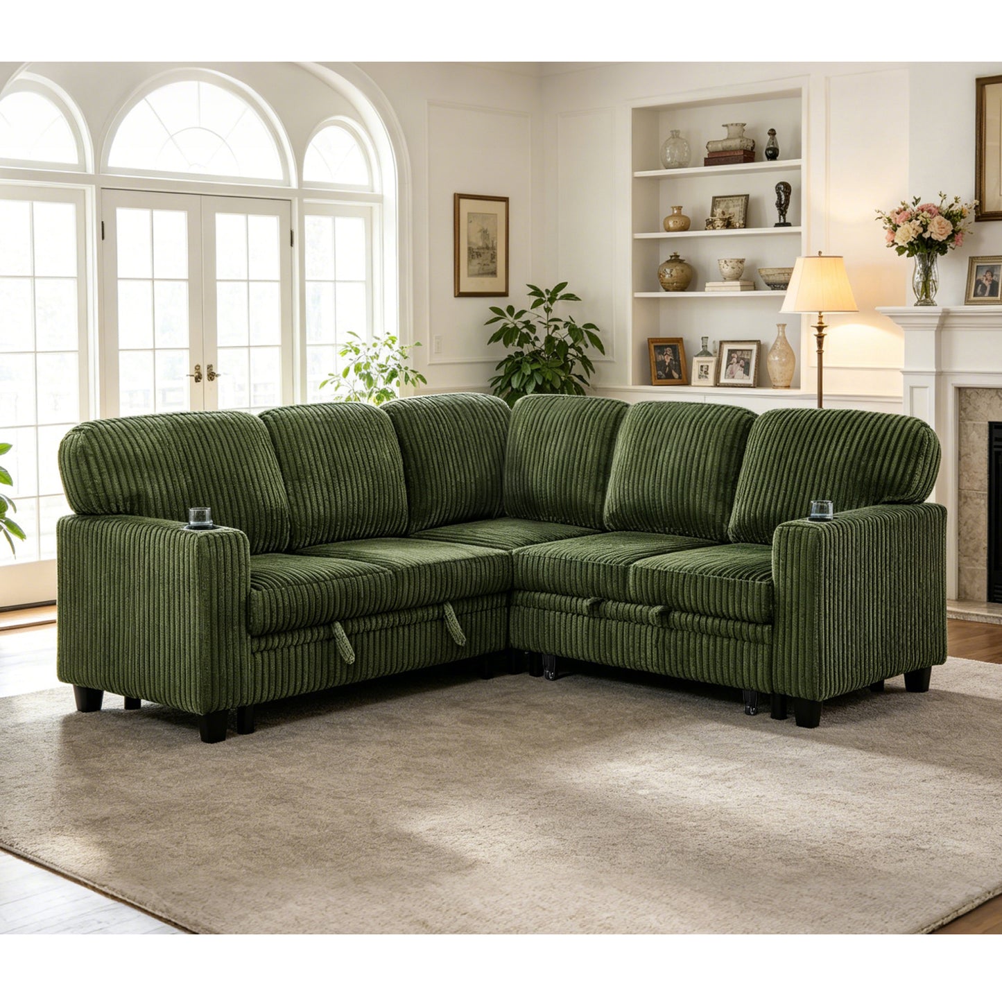 L-Shaped Sectional Sofa Bed with USB Charging & Storage - Olive Green