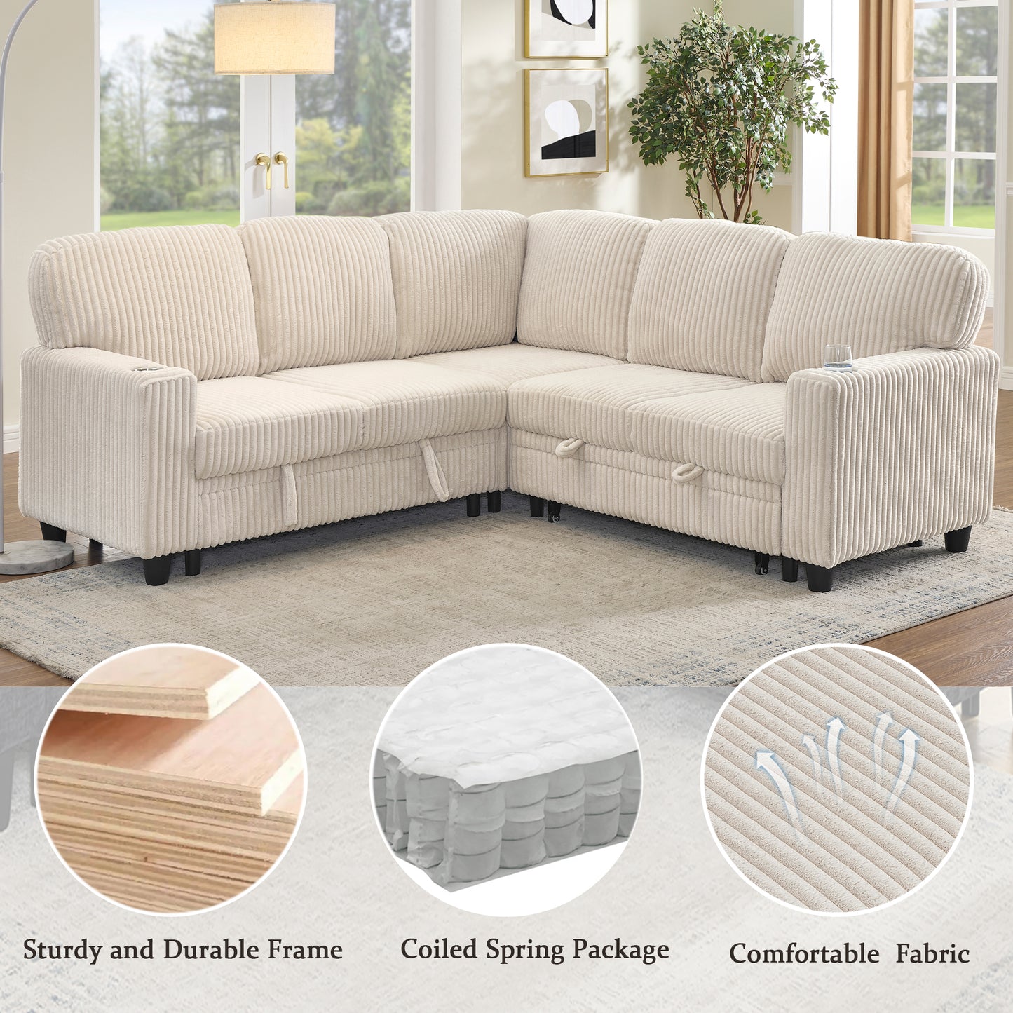 L-Shaped Sectional Sofa Bed with USB Charging & Storage - Beige