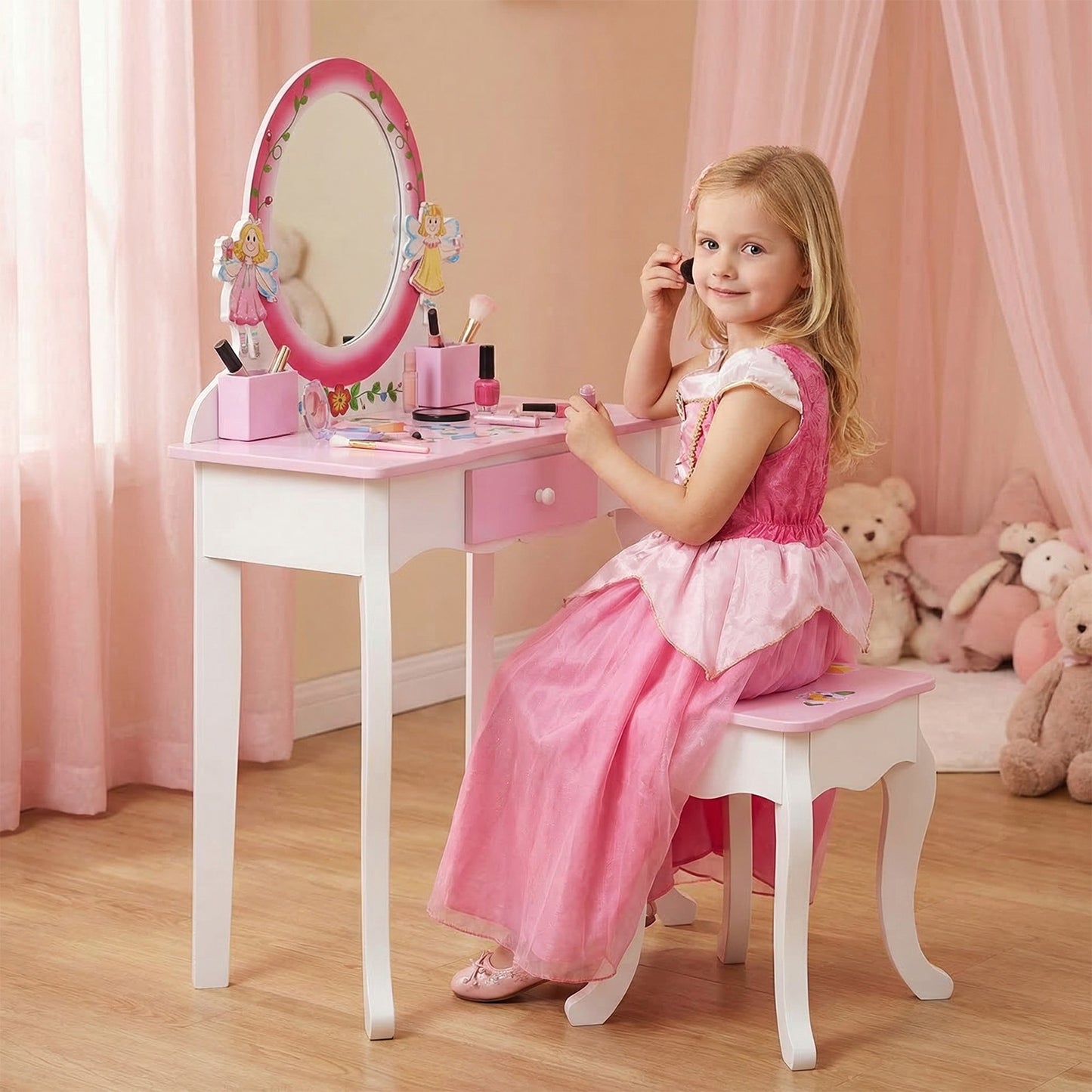 Kids Vanity Set Floral Printed Wooden Makeup Dressing Princess Table