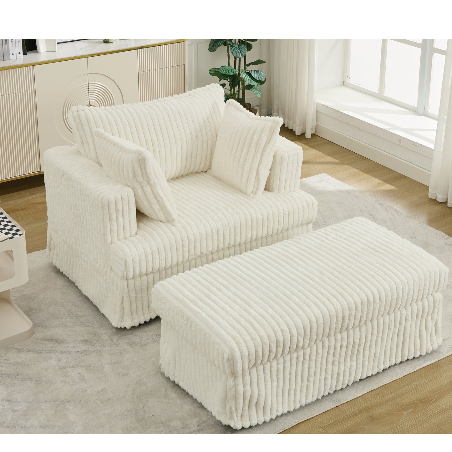 Oversized Corduroy Chaise Longue with Ottoman - Beige
