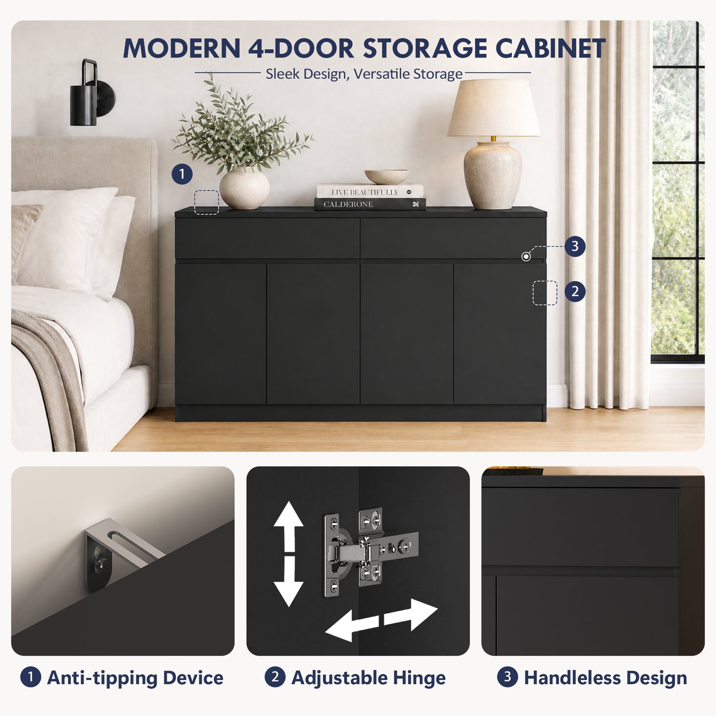 Large Black Sideboard Buffet Cabinet with Storage & 2 Drawers