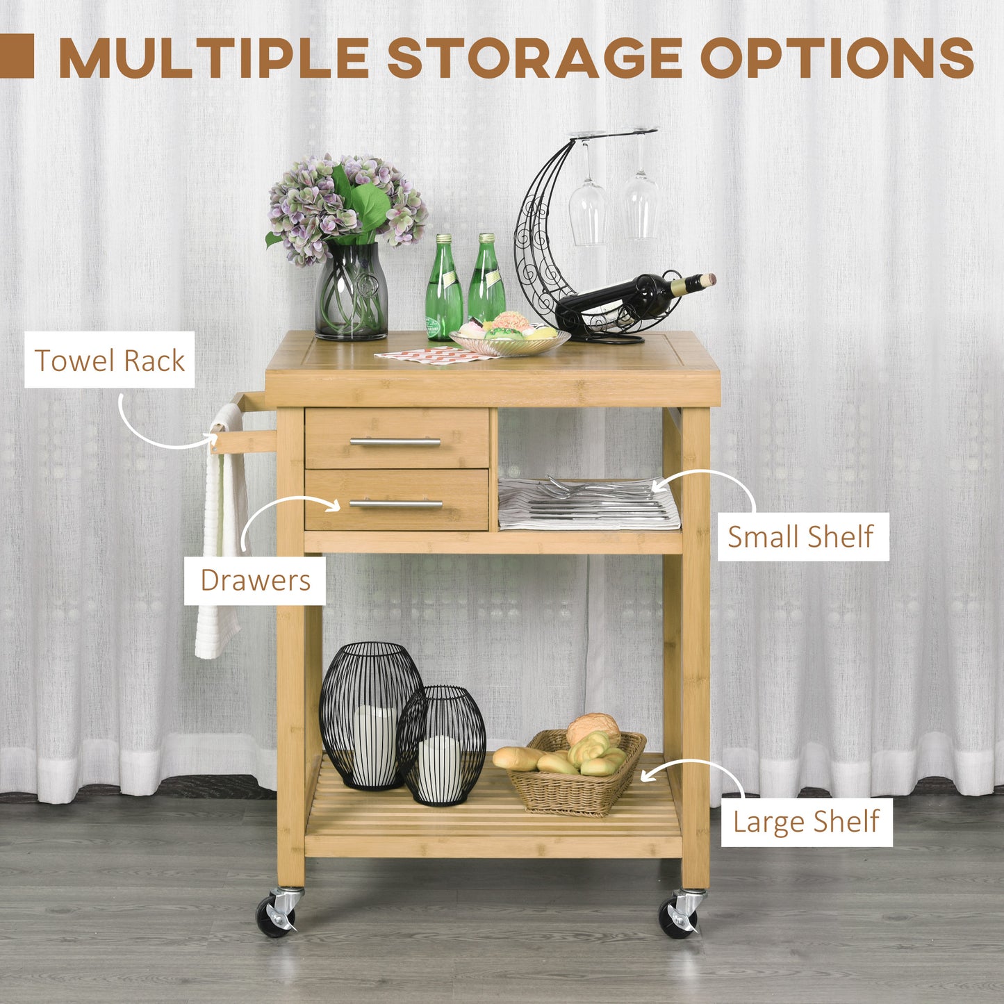 Bamboo Kitchen Island Cart on Wheels, Utility Trolley with 2 Storage