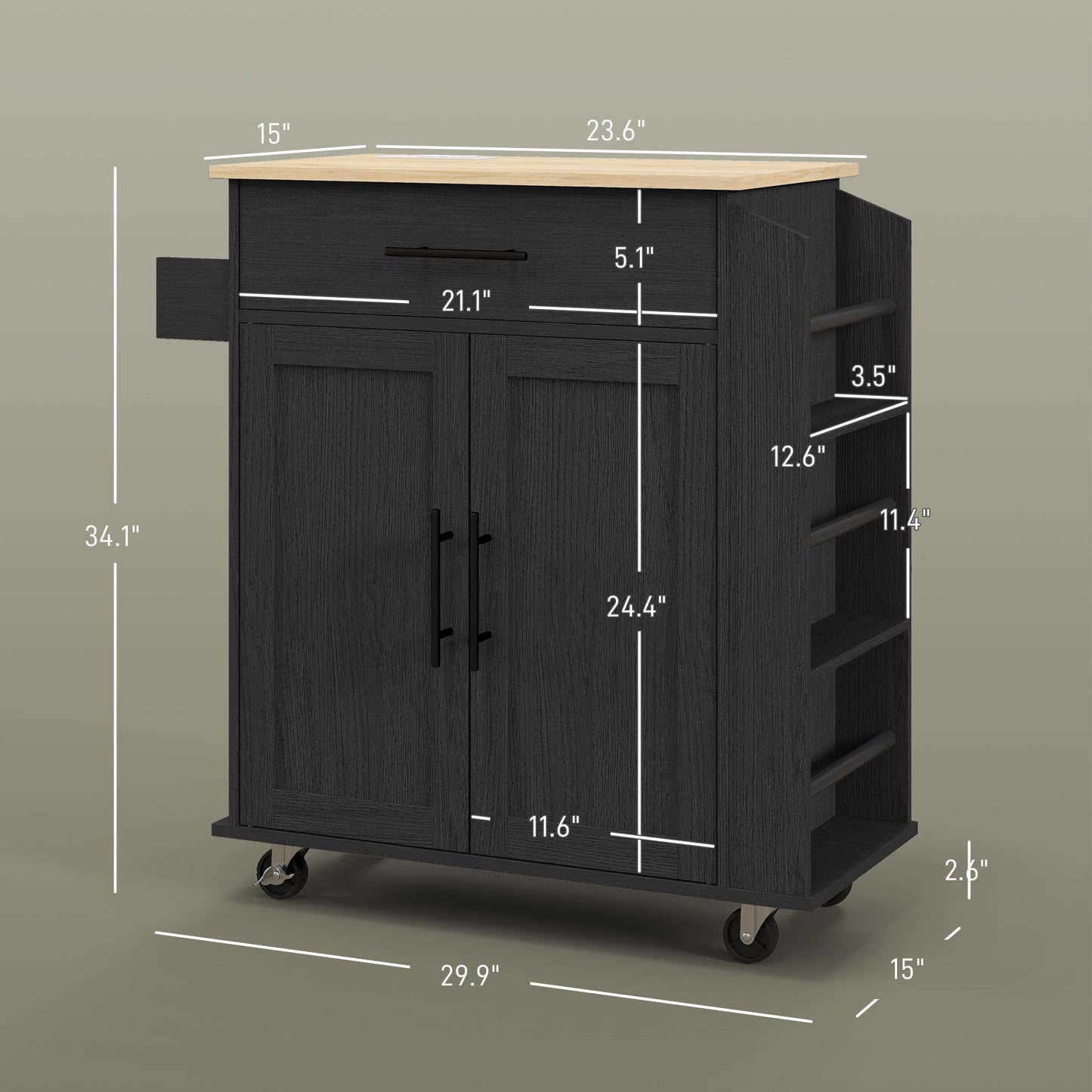 Rolling Kitchen Island Cart with Power Outlets & Storage - Black
