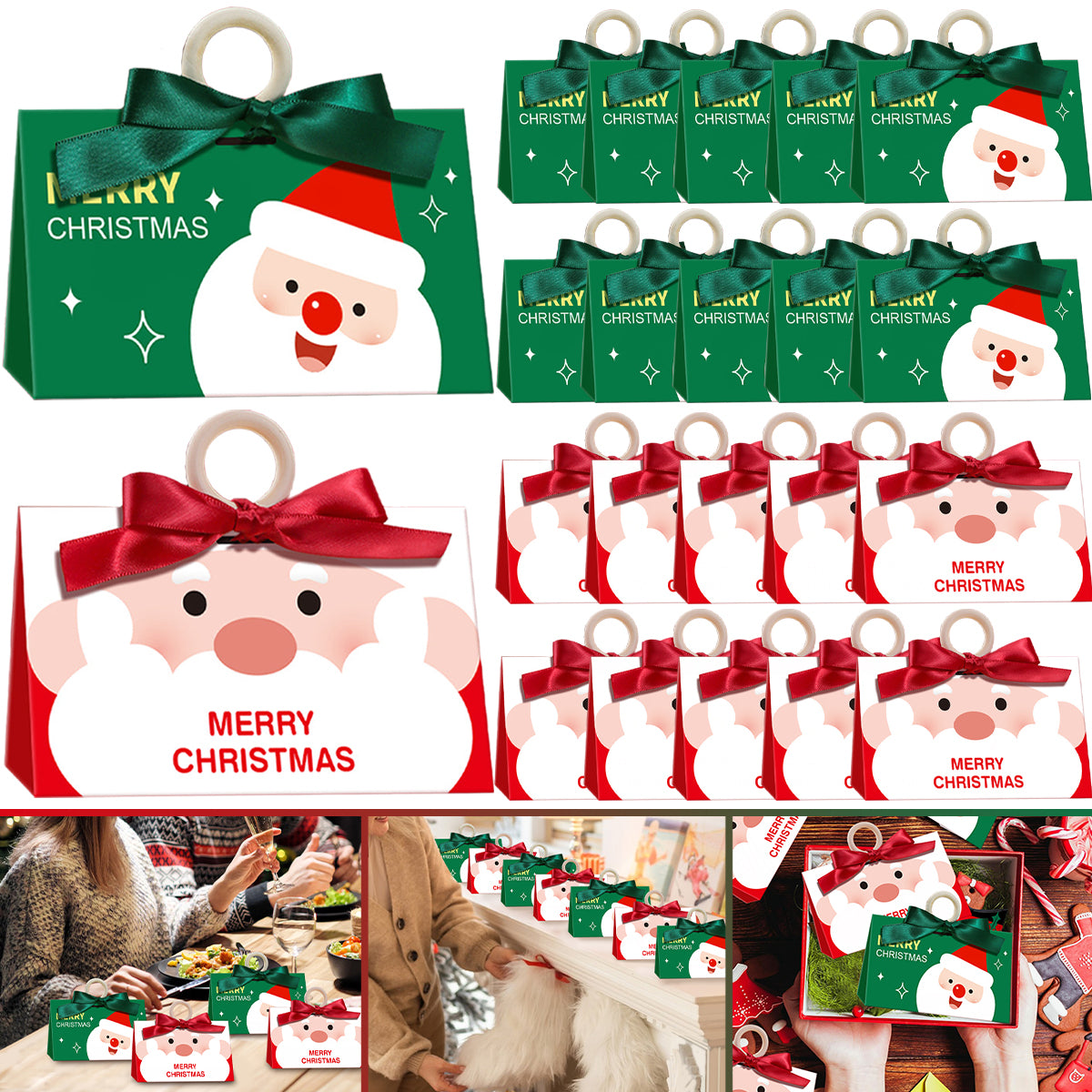 Christmas Candy Boxes - 10 Pack with Ribbon & Wooden Ring