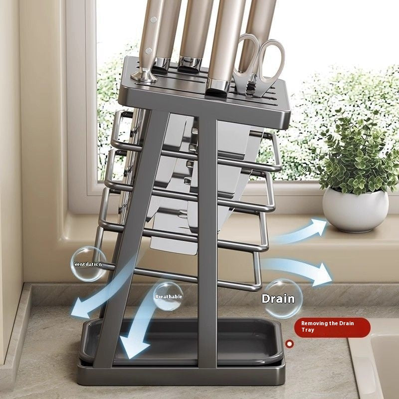 Portable Kitchen Knife Storage Rack with Water Tray - Multi-Color Nordic Style