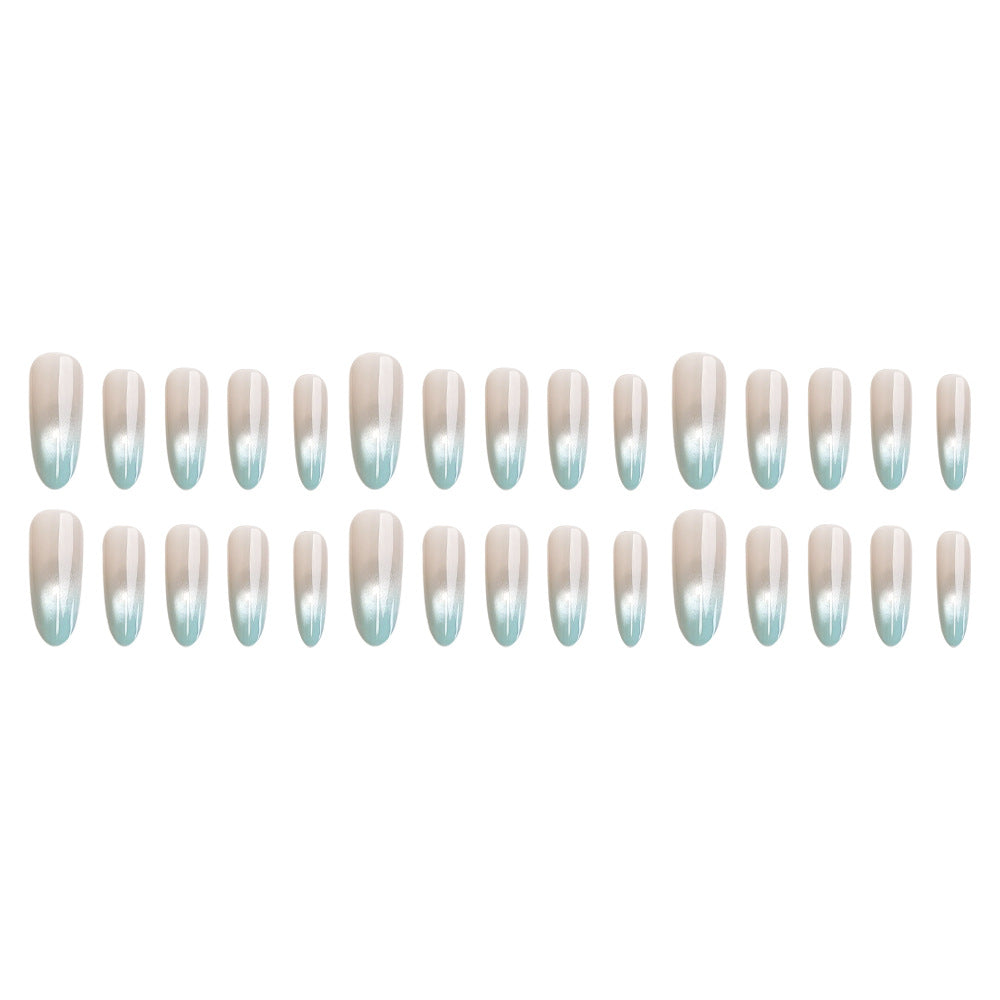 Long Oval Press-On Acrylic Nail Art Kit with Blue Gradient & Cat-Eye Effect - Includes Glue & Nail File