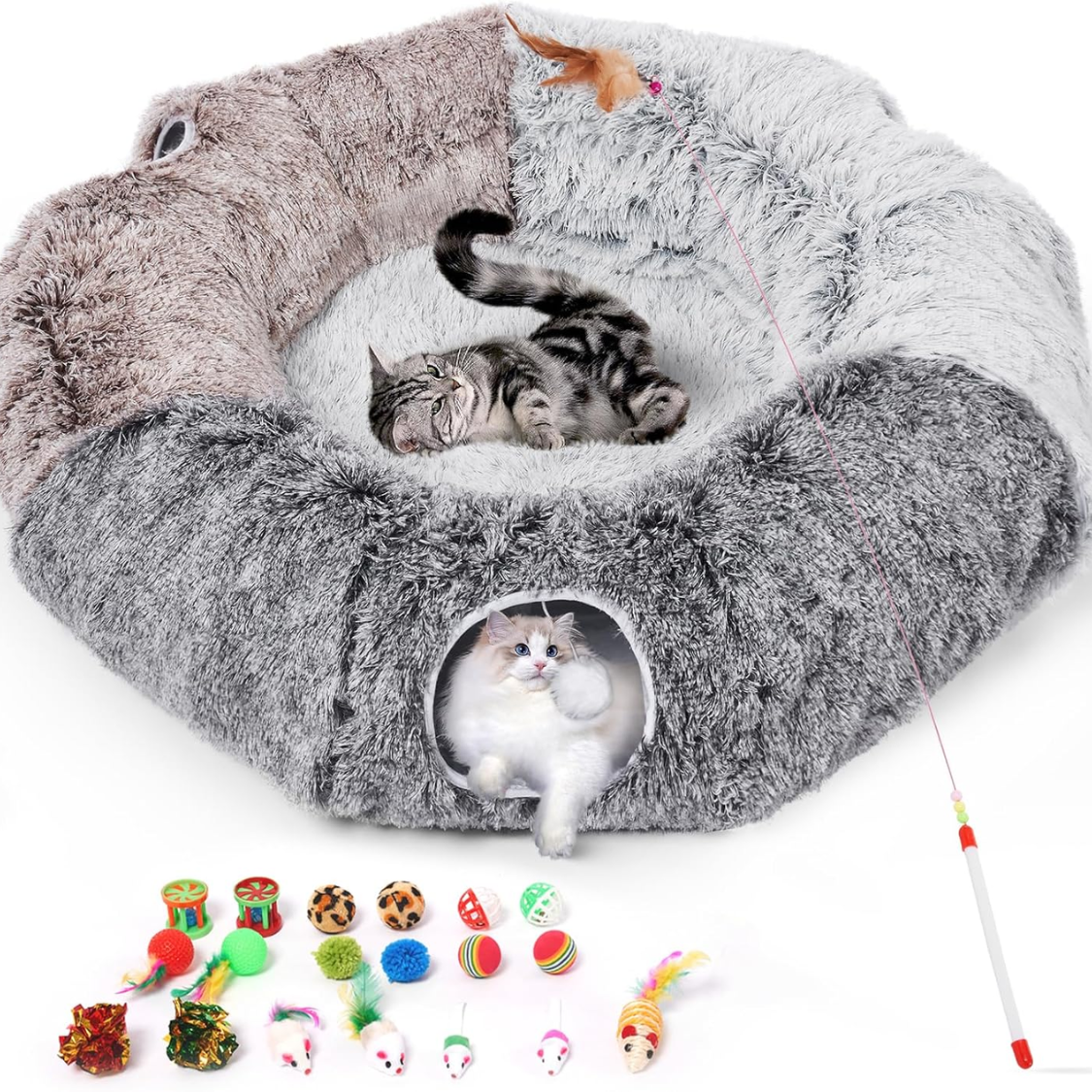 Large Cat Tunnel Bed with Toys - Cozy Plush Play Cave for Indoor Cats